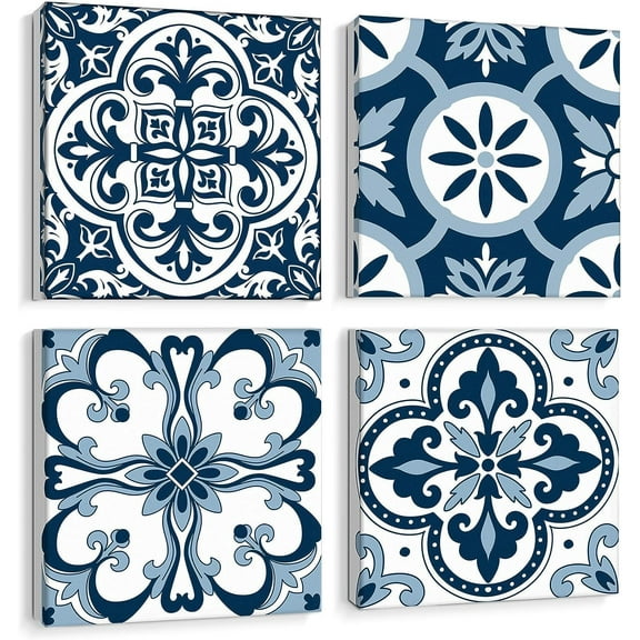 Blue Bathroom Wall Art Decor, Canvas Wall Art with Vintage Mandala Flowers Prints for Bedroom, Kitchen, 12x12 Inch Navy Blue Tile Wall Art Set of 4