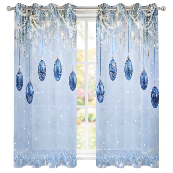 Blue Baubles Sheer Curtains 39 Inch Long 2 Panels, Christmas Winter Pine Branches Pearl Garlands Light Filtering Semi Sheer Drapes Grommet Voile Window Curtain for Living Bedroom W27.9 x L39