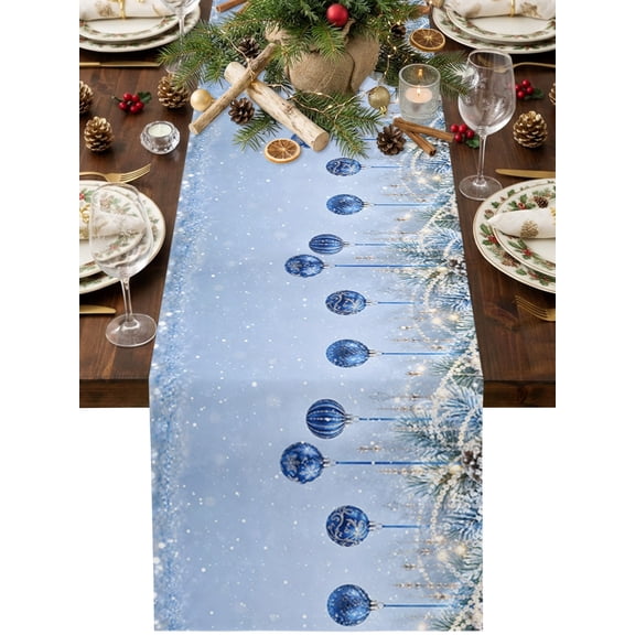 Blue Baubles Table Runner 48 Inches Long, Christmas Winter Pine Branches Pearl Garlands Cotton Linen Dining Table Runner Dresser Scarves for Home Kitchen Party Decor 13"x48"