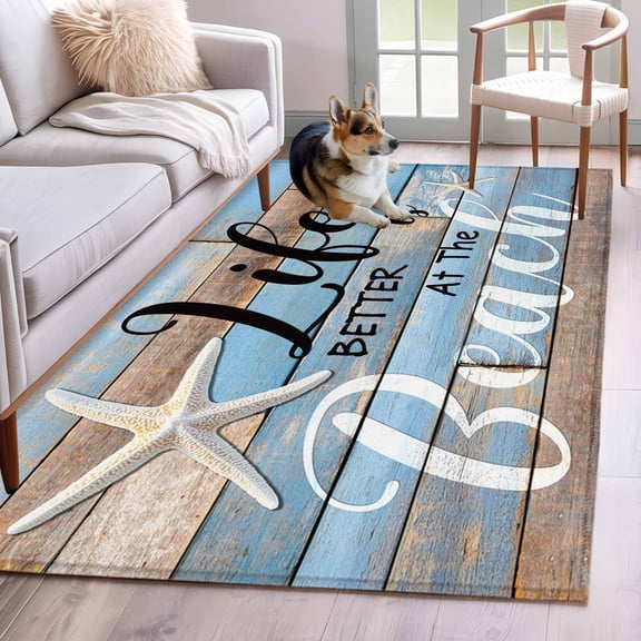 Blue Beach Area Rug 4x6 FT, Non Slip Kids Room Carpet, Coastal Starfish Graffiti Retro Wooden Plank Washable Soft Floor Carpet Non-Shedding Throw Rug for Dorm Kitchen Study Room Home Office Bedside