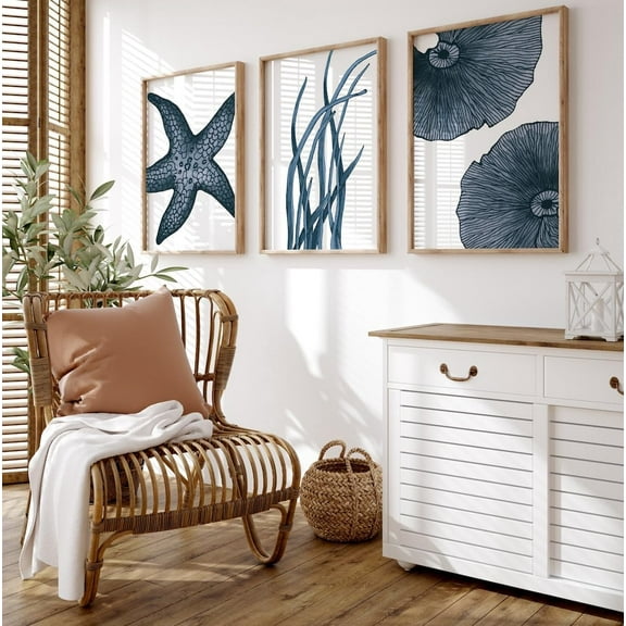 Blue Beach Art Canvas Painting 3 Pieces Starfish Poster Ocean Prints Wall Pictures Coastal Beach House Decoration with Wooden Inner Frame