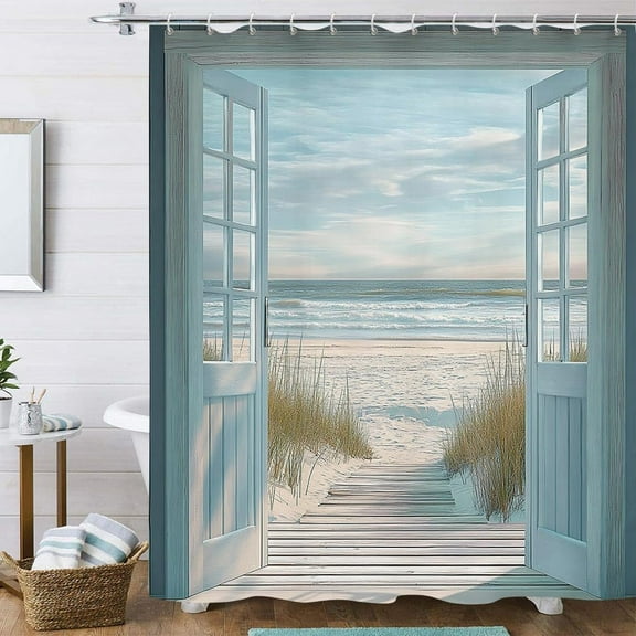 Blue Beach Barn Door Shower Curtain, Rustic Country Ocean Coastal Seaside Scenery Decor Bath Curtains, Retro Teal Wood Waterproof Bathroom Accessories Set, 72 x 72 inch with Hooks
