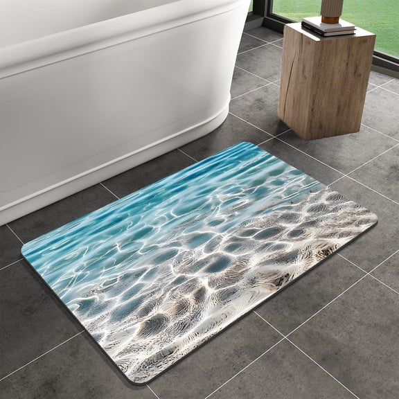 Blue Beach Bathroom Mat Quick-Drying Non-Slip Rubber Bath Mats Super Absorbent Ocean Sand Waves Bath Mat Instant Dry Bathroom Rug in Front of The Kitchen Sink, Shower Room, Bathtub,16"x24"