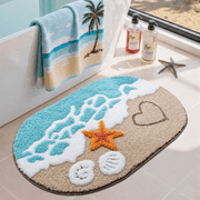 Blue Beach Bathroom Rugs Microfiber Nautical Cute Coastal Bath Mats for Bathroom Floor, Non Slip Quick Dry Absorbent Bath Rugs with Starfish Seashell, Machine W