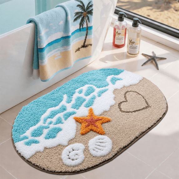 Blue Beach Bathroom Rugs Microfiber Nautical Cute Coastal Bath Mats, Non Slip Quick Dry Absorbent Bath Rugs with Starfish Seashell, Machine Washable, 20"x32"