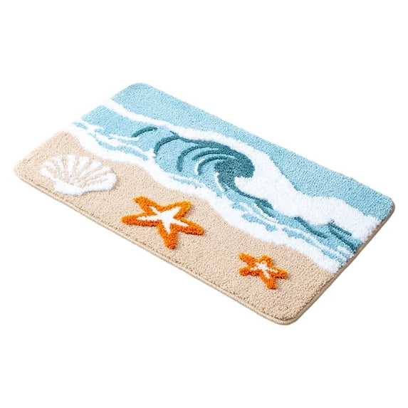 Blue Beach Bathroom Rugs, Soft Microfiber Washable Absorbent Quick Dry Bath Mat with Starfish Seashell, Waves Beach Shower Mat, Coastal Decor A