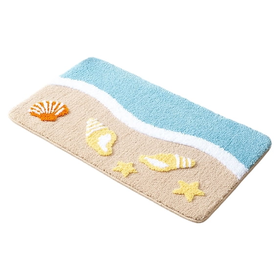 Blue Beach Bathroom Rugs, Soft Microfiber Washable Absorbent Quick Dry Bath Mat with Starfish Seashell, Waves Beach Shower Mat, Coastal Decor C