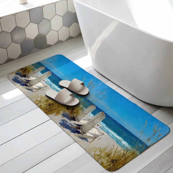 Blue Beach Bathroom Runner Rugs Non Slip Washable Absorbent Narrow Long Bath Mat Summer Coastal Waves Ocean Seaside Scenery Runner Rugs for Kitchen Hallway Bedroom Laundry Study Room 19.7"x63"