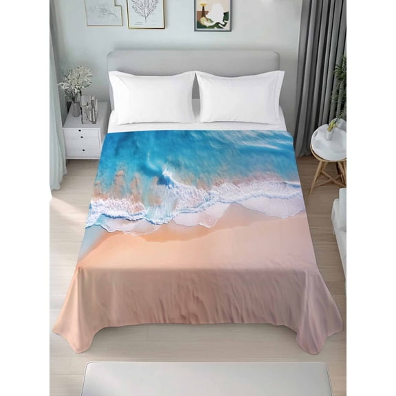 Blue Beach California King Size Flat Sheet, Wrinkleproof & Fadeproof Cooling Flat Bed Sheet Only, Summer Ocean Coastal Nautical Seaside Breathable Soft Bedding Top Sheets 108 x 98 Inches