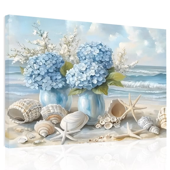 Blue Beach Canvas Print Wall Art, Scenery Hydrangeas Floral Starfish Shell Wave Wall Decor Modern Artwork Paintings Pictures for Living Room Framed and Stretched Ready to Hang, 24" x 32"