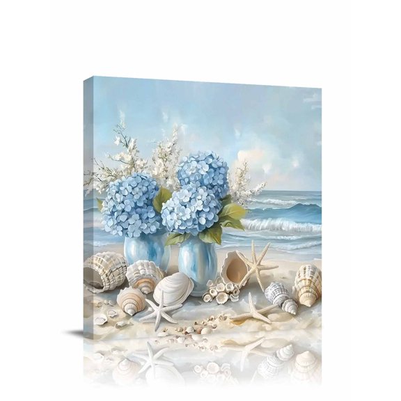 Blue Beach Canvas Wall Art, Scenery Hydrangeas Floral Starfish Shell Wave Framed Wall Decor Modern Artwork Prints Painting for Living Room, Bedroom, Kitchen & Cafe Decor 8x8 Inch