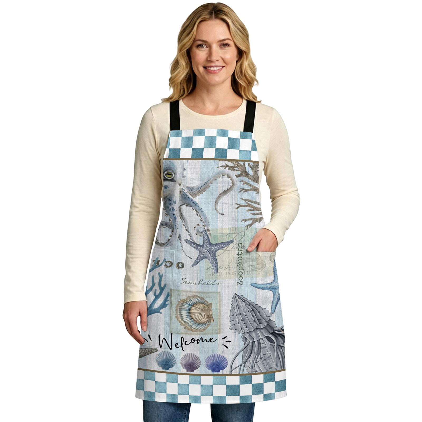 Blue Beach Coastal Apron for Women Men, Nautical Seaside Coral Starfish ...