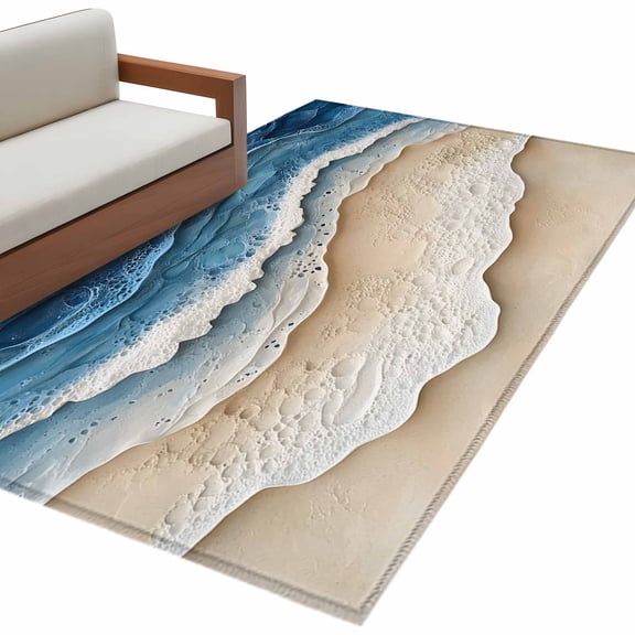 Blue Beach Coastal Area Rug 3x5 FT, Non Slip Entryway Bedside Carpet, Nautical Seaside Ocean Beige Washable Soft Floor Carpet Indoor Mat Non-Shedding Throw Rug for Dorm Kitchen Home Office