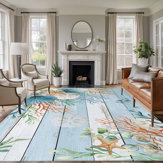 Blue Beach Coastal Area Rugs 5'x8', Small Throw Rugs for Classroom Bedroom, Summer Nautical Coral Shell Botanical Vintage Indoor Outdoor Rug Non-Slip Low Pile Carpet Runner Reversible Floor Mats