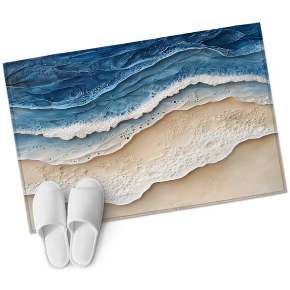 Blue Beach Coastal Bathroom Mat 2x3 FT, Non Slip Small Kitchen Mat, Nautical Seaside Ocean Beige Washable Soft Backed Front Door Throw Rug Non-Shedding Indoor Outdoor Doormat for Entryway Sink