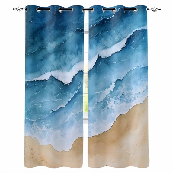 Blue Beach Coastal Blackout Curtains for Bedroom/Living Room, Thermal Insulated Kitchen Curtains, Summer Nautical Seaside Ocean Grommet Darkening Window Treatment Drapes 52"x72"x2