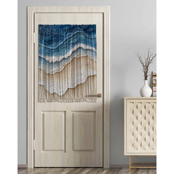 Blue Beach Coastal Blackout Curtains, French Door Curtains for Door Window, Nautical Seaside Ocean Beige Privacy Drapery for Patio/Sidelight Doors, 1 Panel with Tieback, 54 x 40 Inches