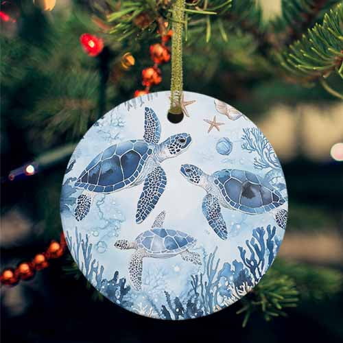 Blue Beach Coastal Ceramic Ornaments, Coral Nautical Sea Turtle Round Porcelain Hanging Ornaments with Gold String, Xmas Decorations Keepsake Gifts for Holiday Home Party 3''