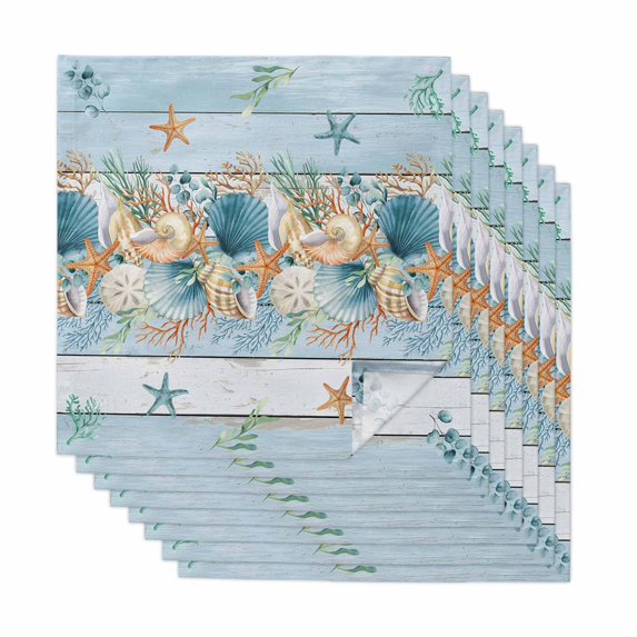 Blue Beach Coastal Cloth Napkins, Nautical Shell Starfish Coral Summer Washable and Reusable Dinner Napkins Set of 8, Table Napkin for Kitchen Party Birthday Wedding Hotel Housewarming 20"x20"