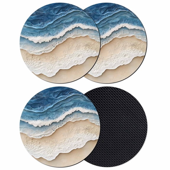 Blue Beach Coastal Coasters Set of 4, Soft Absorbent Coasters for Drinks, Nautical Seaside Ocean Beige Non-Slip Cup Coaster Mat with Rubber Bottom for Home Kitchen Desk Coffee Bar Table Decor 4"