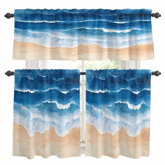 Blue Beach Coastal Kitchen Curtains Sets for Windows 24 Inch Length, Ocean Summer Nautical Seaside Rod Pocket Window Treatments Tier Curtains and Valances Set for Bedroom/Bathroom