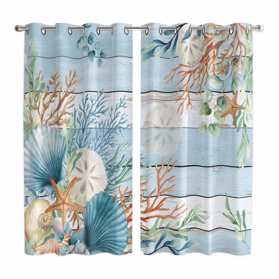 Blue Beach Coastal Kitchen Curtains Window Panels, Summer Nautical Coral Shell Botanical Vintage Insulated Window Treatment Curtain, Grommet Curtains for Bedroom/Living Room, 2 Piece 52"Wx84"L