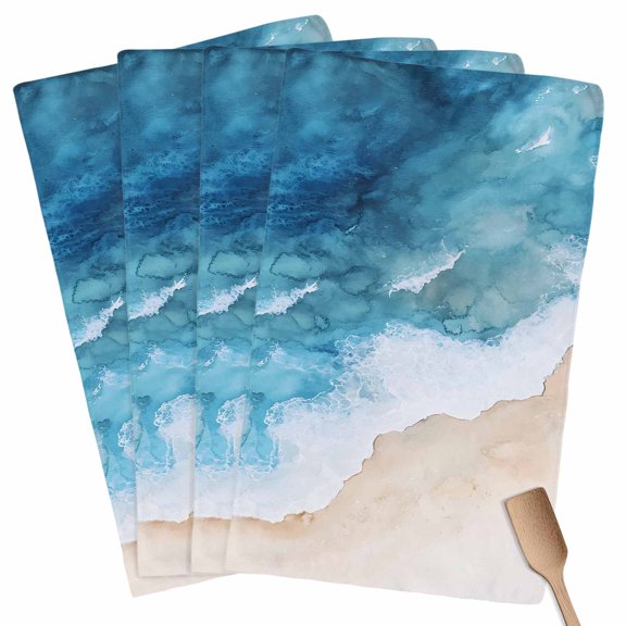 Blue Beach Coastal Kitchen Towel Dish Cloths Set of 4, Microfiber Soft Kitchen Hand Towels, Summer Ocean Seaside Nautical Absorbent Quick Drying Dishcloths 18 x 28 Inches