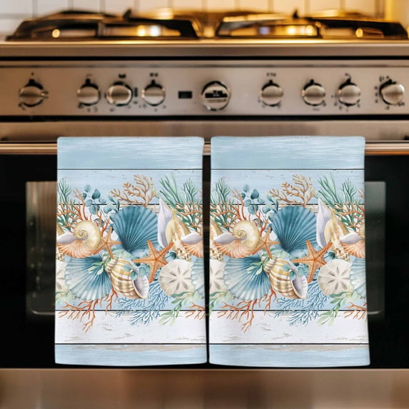 Blue Beach Coastal Kitchen Towels Set of 1, Nautical Shell Starfish Coral Summer Absorbent Dish Towels for Kitchen, Microfiber Hand Towel, Quick Drying Tea Towel for Cleaning Decorative Dishcloths