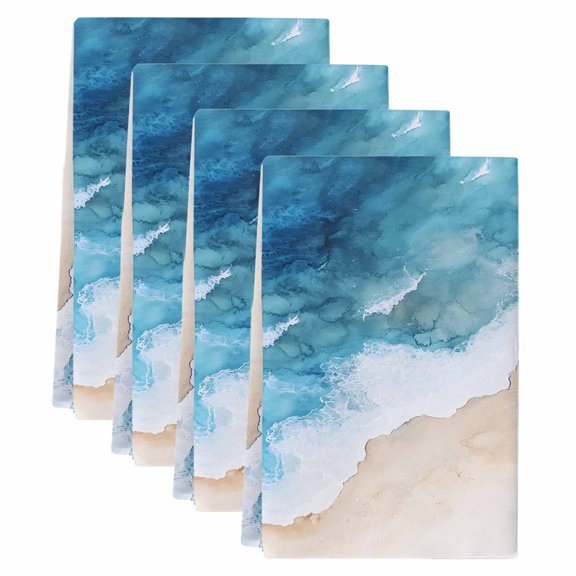 Blue Beach Coastal Kitchen Towels Set of 4, Absorbent Microfiber Dish Tea Towels with Hanging Loop, Summer Ocean Seaside Nautical Resuable Hand Towel for Home Kitchen Cooking Cleaning 18"x28"