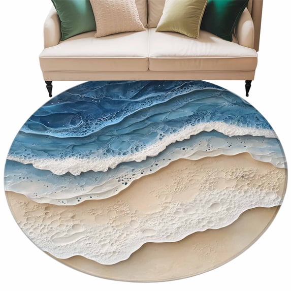 Blue Beach Coastal Large Area Rugs for Bedroom Living Room, Soft Non Slip Carpet Bedside Rug, Nautical Seaside Ocean Beige Round Floor Cover Kitchen Accent Rug 6' for Dining Room/Office