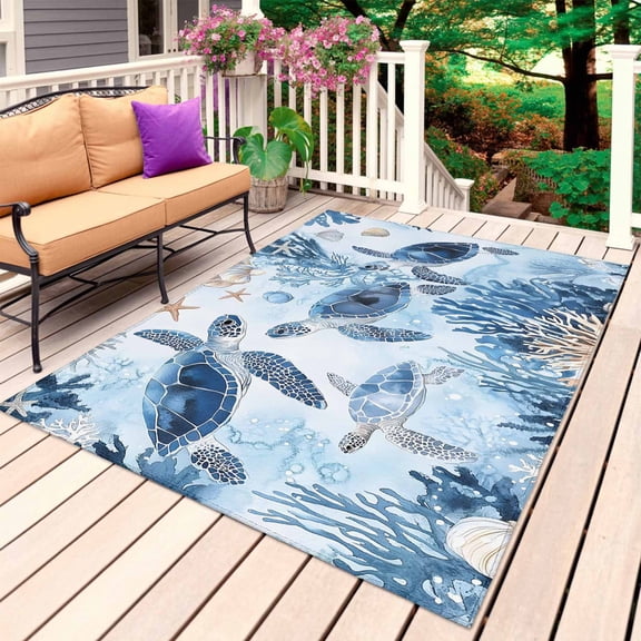 Blue Beach Coastal Outdoor Rug for Patio/Deck/Porch, Non-Slip Large Area Rug 3 x 5 Ft, Coral Nautical Sea Turtle Indoor Outdoor Rugs Washable Area Rugs, Reversible Camping Rug Carpet Runner