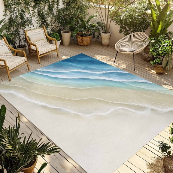 Blue Beach Coastal Outdoor Rug for Patio/Deck/Porch, Non-Slip Large Area Rug 6 x 9 Ft, Summer Ocean Nautical Seaside Indoor Outdoor Rugs Washable Area Rugs, Reversible Camping Rug Carpet Runner