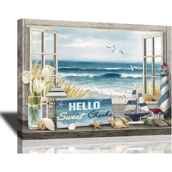 Blue Beach Coastal Pictures Bicycle Turtle Flower Canvas Painting Ocean Theme Bathroom Bedroom Artwork 12" X16"