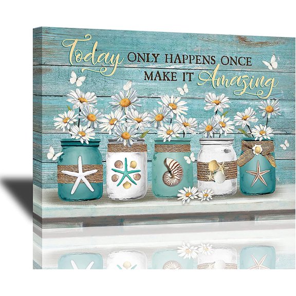 Blue Beach Coastal Pictures Bicycle Turtle Flower Canvas Painting Ocean Theme Bathroom Bedroom Artwork 12" X16"