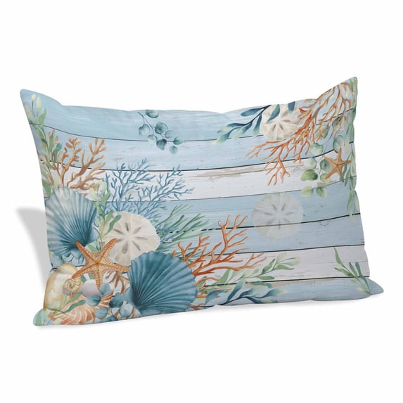 Blue Beach Coastal Pillow Covers, Linen Long Throw Pillow Case, Summer Nautical Coral Shell Botanical Vintage Holiday Pillow Protector Decorative Cushion Cover for Living Room/Bedroom 20" x 36"