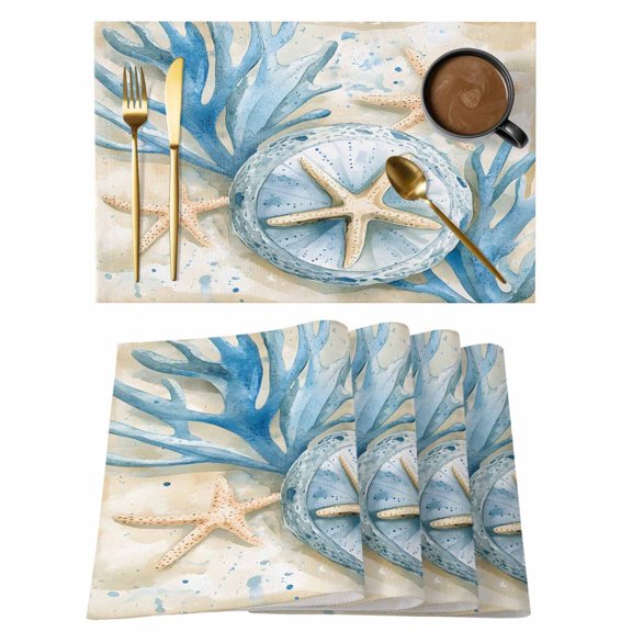 Blue Beach Coastal Placemats Set of 6 Summer Starfish Nautical Shell Place Mats Indoor Wipeable Table Mats Washable Cloth Dining Table Placemats for Kitchen Holiday Party Home Decor 13x19 Inch