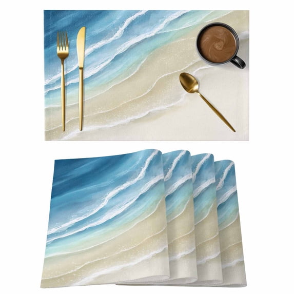 Blue Beach Coastal Placemats Set of 8, Summer Ocean Nautical Seaside Placemats for Dining Table, Place Mats for Kitchen Tabletop, Waterproof Wipeable Dining Table Mats Set