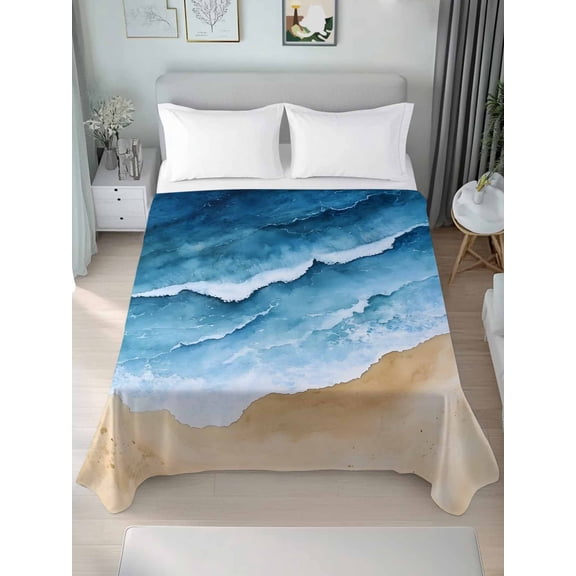 Blue Beach Coastal Queen Size Flat Sheet, Wrinkleproof & Fadeproof Cooling Flat Bed Sheet Only, Summer Nautical Seaside Ocean Breathable Soft Bedding Top Sheets 90 x 102 Inches