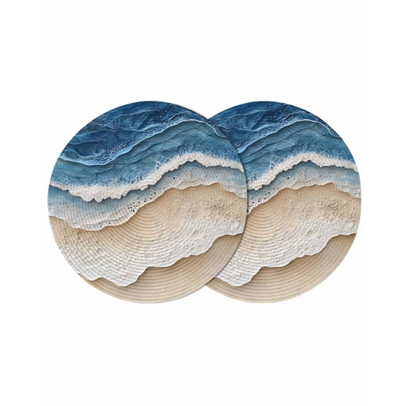 Blue Beach Coastal Round 13 Inch Placemats Set of 2, Nautical Seaside Ocean Beige HeatResistant Non Slip Place Mats for Dining Table, Wipeable Braided Kitchen Table Mats for Housewarming
