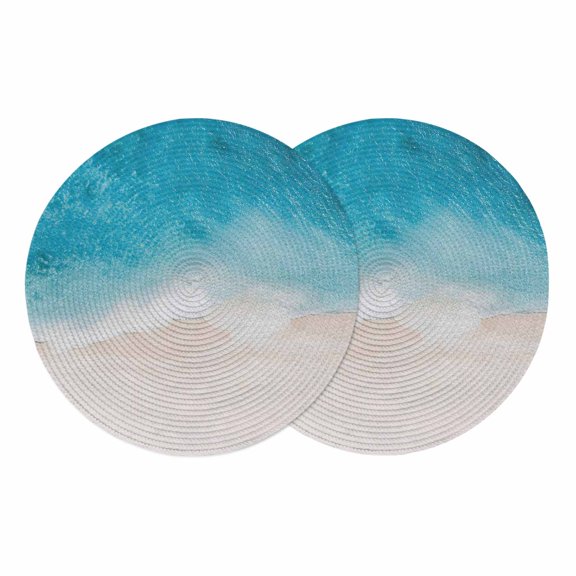 Blue Beach Coastal Round 13 Inch Placemats Set of 2, Summer Nautical Ocean Seaside HeatResistant Non Slip Place Mats for Dining Table, Wipeable Braided Kitchen Table Mats for Housewarming