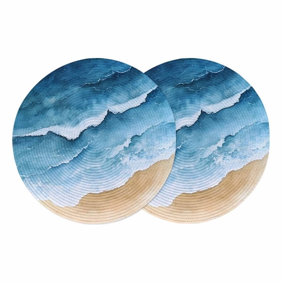 Blue Beach Coastal Round 13 Inch Placemats Set of 2, Summer Nautical Seaside Ocean HeatResistant Non Slip Place Mats for Dining Table, Wipeable Braided Kitchen Table Mats for Housewarming