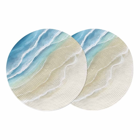 Blue Beach Coastal Round 13 Inch Placemats Set of 2, Summer Ocean Nautical Seaside HeatResistant Non Slip Place Mats for Dining Table, Wipeable Braided Kitchen Table Mats for Housewarming