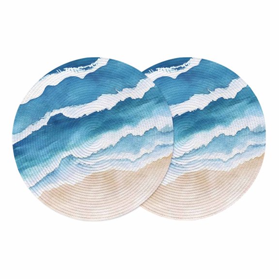 Blue Beach Coastal Round 13 Inch Placemats Set of 2, Summer Seaside Nautical Ocean HeatResistant Non Slip Place Mats for Dining Table, Wipeable Braided Kitchen Table Mats for Housewarming