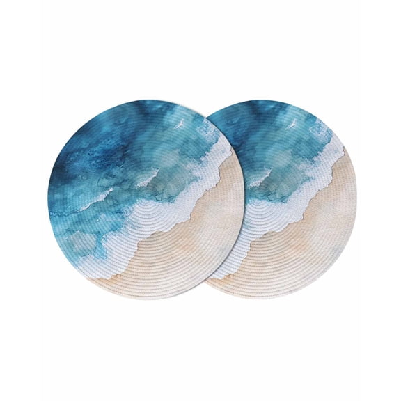 Blue Beach Coastal Round 15 Inch Placemats Set of 2, Summer Ocean Seaside Nautical HeatResistant Non Slip Place Mats for Dining Table, Wipeable Braided Kitchen Table Mats for Housewarming