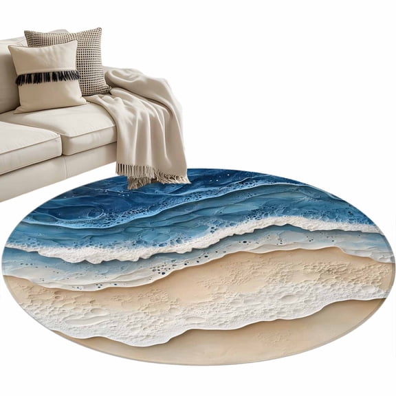 Blue Beach Coastal Round Area Rug 4 FT, Non Slip Indoor Outdoor Rug, Nautical Seaside Ocean Beige Washable Soft Circular Carpet Non-Shedding Floor Mat for Coffee Table Nursery Foyer Balcony
