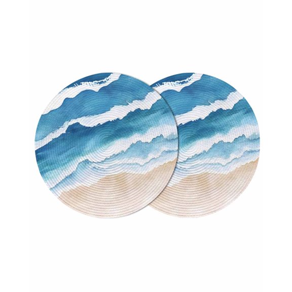 Blue Beach Coastal Round Placemats Set of 2 for Dinning Tables,Heat-proof Braided Table Mats 13 Inch,Summer Seaside Nautical Ocean Washable Place Mat for Kitchen Restaurant Party Decor Table Setting