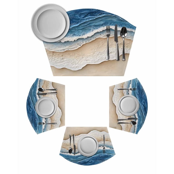 Blue Beach Coastal Round Placemats Set of 4, Nautical Seaside Ocean Beige Placemats for Round Dining Table Shape Wedge Placemats for Outdoor Indoor Wipeable Clean Table Place Mats