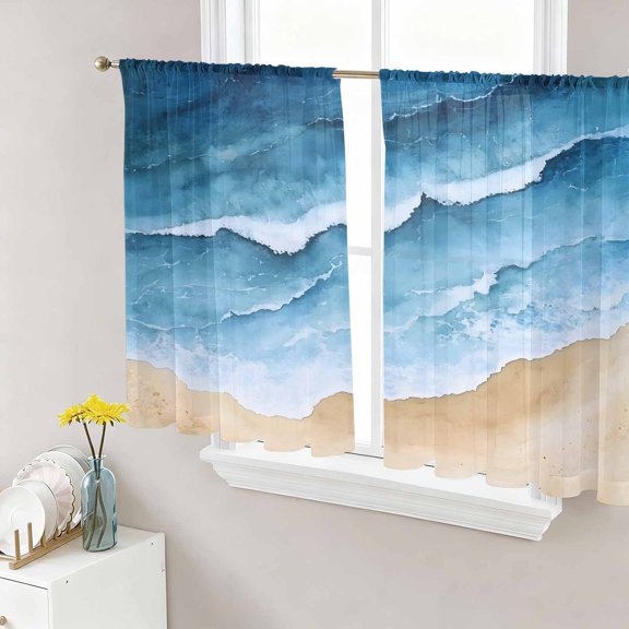 Blue Beach Coastal Sheer Curtains 54 Inch Length 2 Panels Set, Summer Nautical Seaside Ocean Voile Window Treatment Rod Pocket Short Kitchen Curtains Drapes for Bedroom 52"x54"x2