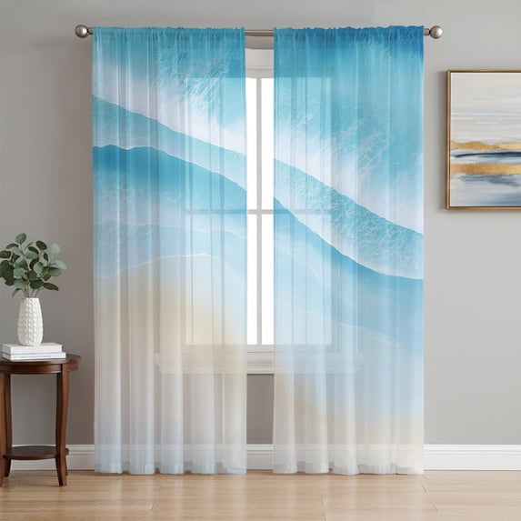 Blue Beach Coastal Sheer Curtains 63 Inch Length 2 Panels Set, Tropical Ocean Nautical Seaside Summer Voile Window Treatment Rod Pocket Curtains Sheers for Bedroom/Living Room/Kitchen 52x"63"x2