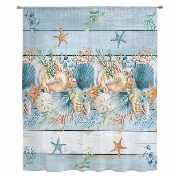 Blue Beach Coastal Sheer Curtains 63 Inches Long, Nautical Shell Starfish Coral Summer Light Filering Curtains, Breathable Simi Curtain Privacy Drapes for Living Room Bedroom Window Treatment